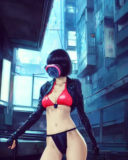 Image similar to kyoto animation, cool girl wearing cyberpunk mechanical futuristic bikini, respirator, detailed portrait, cell shaded, 4 k, concept art, by wlop, ilya kuvshinov, artgerm, krenz cushart, greg rutkowski, pixiv. cinematic dramatic atmosphere, sharp focus, volumetric lighting, cinematic lighting, studio quality