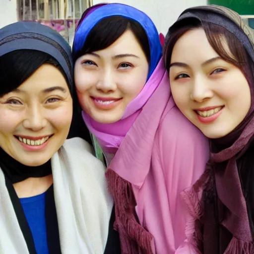 Prompt: group of chinese muslim women smiling at the camera