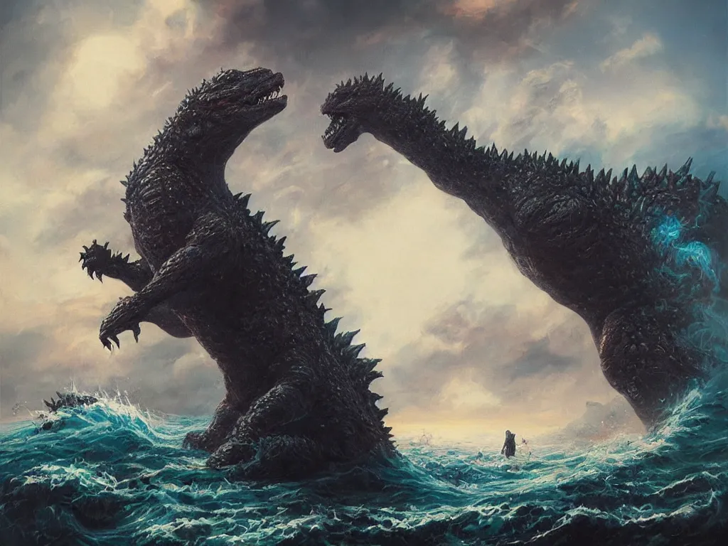 Prompt: oil painting of Godzilla rising from the ocean, epic scene, gigantic monster, peter mohrbacher