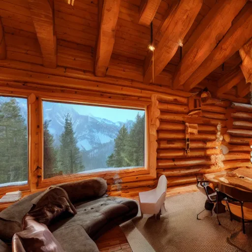 Image similar to interior design of a cabin on a mountain, light brown color scheme, vivid lighting, 4 k