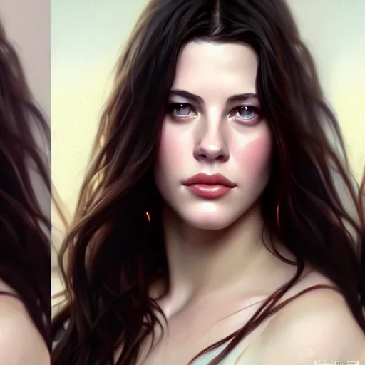 Image similar to beautiful digital painting of young liv tyler background with high detail, 8 k, stunning detail, photo by artgerm, greg rutkowski and alphonse mucha, unreal engine 5, 4 k uhd