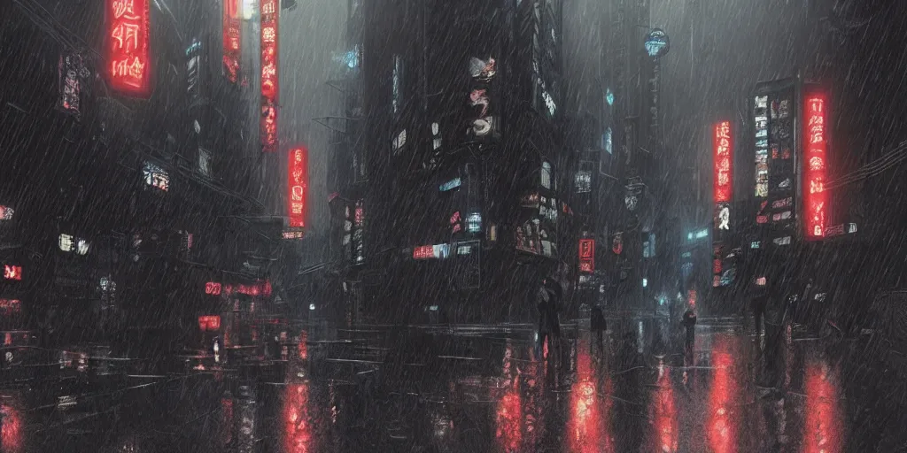 Prompt: Scene of a dark and gritty japanese cyberpunk city in the rain during midnight, heavy contrast, 4k, cozy wallpaper, trending on Artstation, award-winning, art by Greg Rutkowski