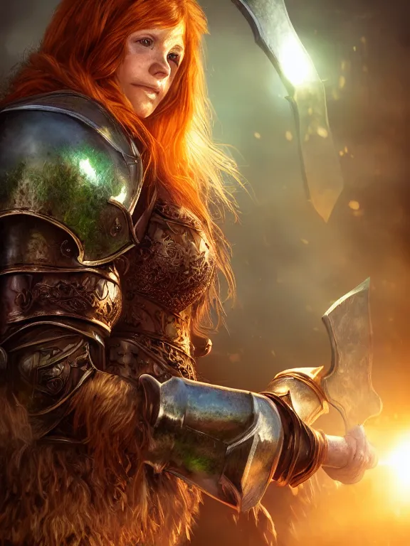 Prompt: portrait art of dwarven woman, ginger hair, green eyes, holding hammer and shield with plate armour ultra realistic , lens flare, atmosphere, glow, detailed,intricate, full of colour, cinematic lighting, trending on artstation, 4k, hyperrealistic, focused, extreme details,unreal engine 5, cinematic, masterpiece
