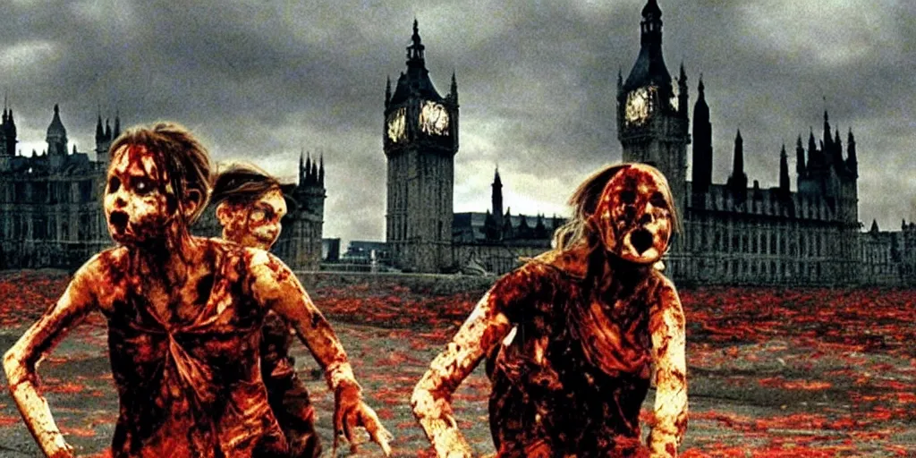 Image similar to a horrifying scene from the movie 28 days later, cinematic