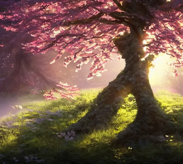 Image similar to a sakura tree in a forest, sunbeams, natural lighting. 8 k, octane render, full shot. by makoto shinkai, stanley artgerm lau, wlop, rossdraws, james jean, andrei riabovitchev, marc simonetti, krenz cushart, sakimichan, d & d trending on artstation, digital art.