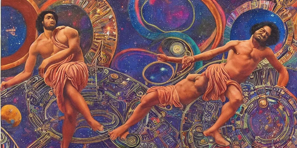 Image similar to an abstract space station background, a multiracial greek god dancing, clear eyes. 2 4 mm, photorealistic, muted color scheme, directed by mati klarwein