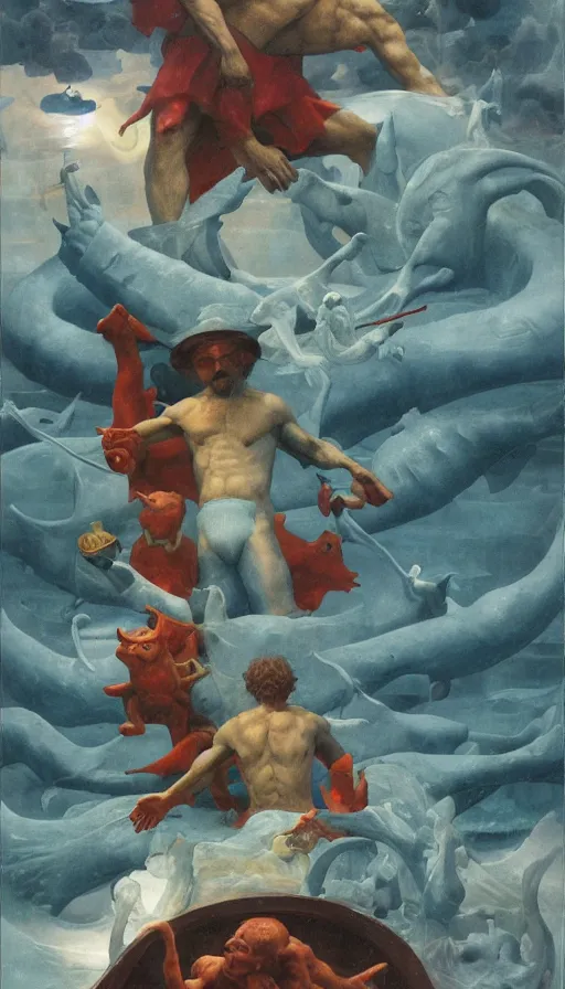 Image similar to man on boat crossing a body of water in hell with creatures in the water, sea of souls, by thomas blackshear