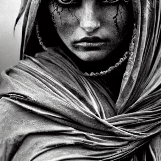 Prompt: beautiful portrait of a dark sorceress female, 35mm, cinematic atmosphere, photorealistic, depth of field, style of irwing penn and steve mccurry