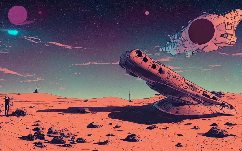 Image similar to very detailed, prophet graphic novel, ilya kuvshinov, mcbess, rutkowski, simon roy, illustration of a giant crashed space ship on a desert planet, wide shot, colorful, cinematic composition, astrophotography