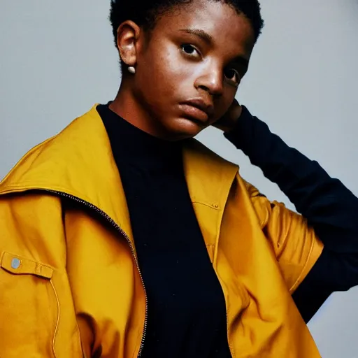 Image similar to realistic photoshooting for a new balenciaga lookbook, color film photography, portrait of a beautiful woman, model is wearing a workwear jacket, photo in style of tyler mitchell, 3 5 mm,