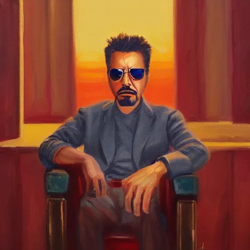 Image similar to oil painting of tony stark sitting in an armchair in a room with the setting sun, by jama jurabaev, brush hard, golden hour, brush stroke