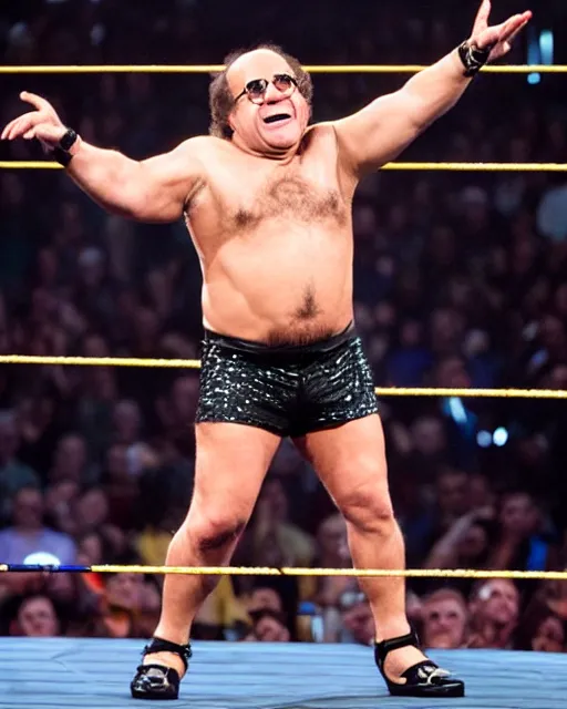 Image similar to portrait of danny devito as a wwe wrestler. photographic, photography