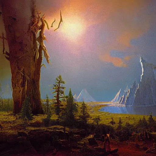 Image similar to Hyperborea painting by Vsevolod Ivanov and Albert Bierstadt