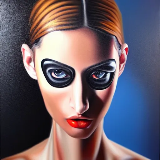 Prompt: hyperrealism oil painting, fashion model with half robot face