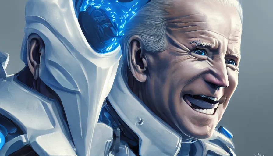 Image similar to joe biden in white armor with blue lights in it, white background, hyperdetailed, artstation, cgsociety, 8 k