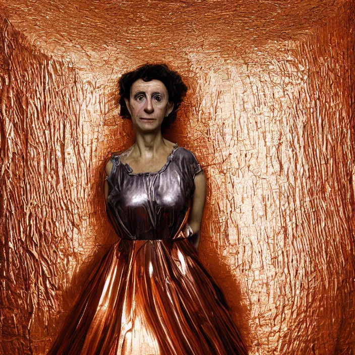 Prompt: closeup portrait of a woman wrapped in copper cellophane, standing in an abandoned factory, color photograph, by paula rego, canon eos c 3 0 0, ƒ 1. 8, 3 5 mm, 8 k, medium - format print