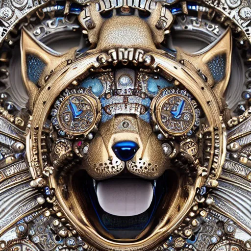 Image similar to A close up symmetric steampunk fox head with sparkling eyes made from ornate engraved full plate armor and Rolex gears and jewels and gems, macro shot by Justin Gerard, unreal engine, detailed, intricate, physically based rendering