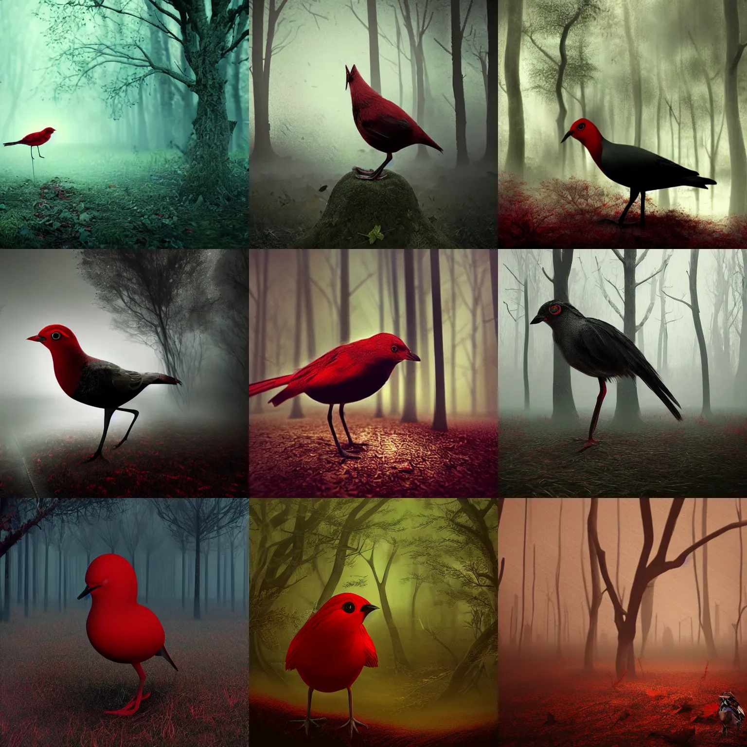 Prompt: red omsk bird with black head in dark mushroom forest eerie foggy art octane render