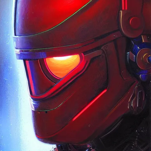 Prompt: robot with glowing red visor as a realistic scifi cyberpunk knight, closeup portrait art by donato giancola and greg rutkowski, realistic face, digital art, trending on artstation, symmetry!!!