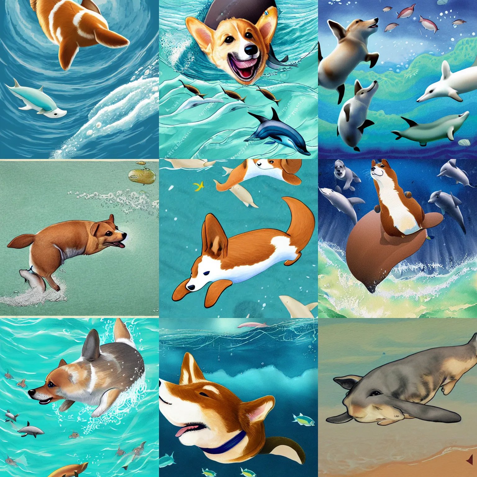 Prompt: illustration of a corgi diving in deep ocean dolphins around it, detailed