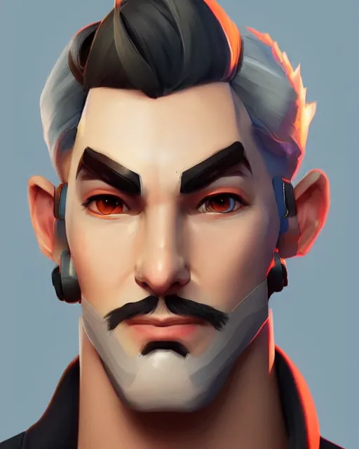 Image similar to overwatch concept art character portrait of a new character who is a young pale man with slicked back hair with soul patch beard and long crooked nose and gaunt cheeks, trending on artstation, cgsociety,