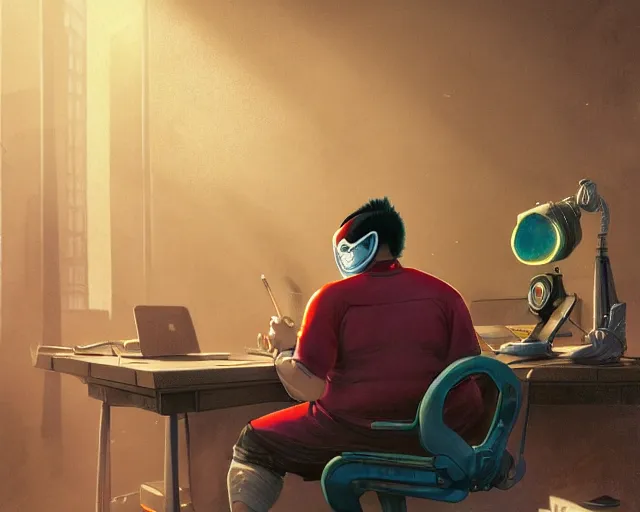 Prompt: an insanely detailed painting of a slightly chubby, nerdy asian man wearing a superhero costume and mask, sitting at a desk, staring at the nervously at the computer and typing, in the style of peter mohrbacher, dramatic lighting and composition, octane render, trending on artstation, concept art, comic book, view from behind