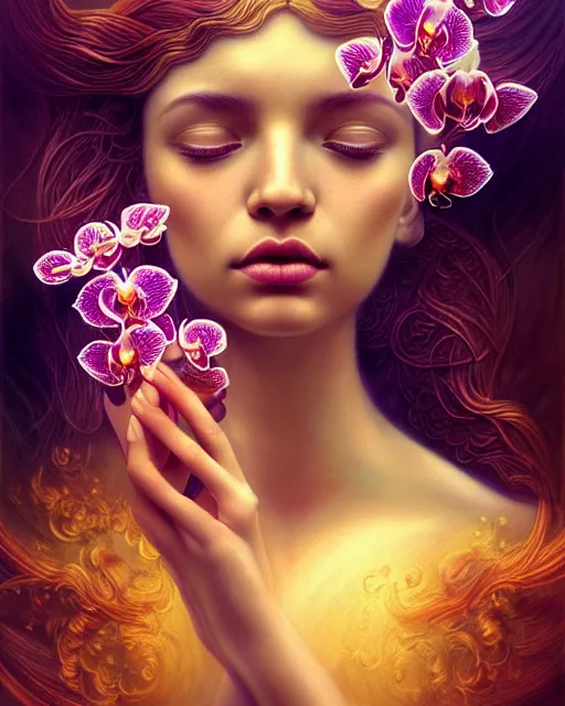 Image similar to portrait of the beautiful young goddess of orchids, unusual beauty, etheric, outworldly colours, emotionally evoking symbolic metaphors, head in focus, fantasy, ornamental, intricate, elegant, highly detailed hyperrealistic painting, artstation, concept art, painterly, golden ratio, sharp focus, illustration, art by anna dittman,