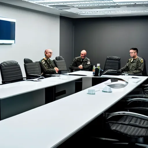 Prompt: a meeting between several futuristic military leaders in a futuristic board room