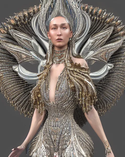 Image similar to a highly detailed metahuman 4 k close up render of a bella hadid archangel monument renaissance in iris van herpen dress schiaparelli in diamonds crystals swarovski and jewelry iridescent in style of alphonse mucha gustav klimt trending on artstation made in unreal engine 4