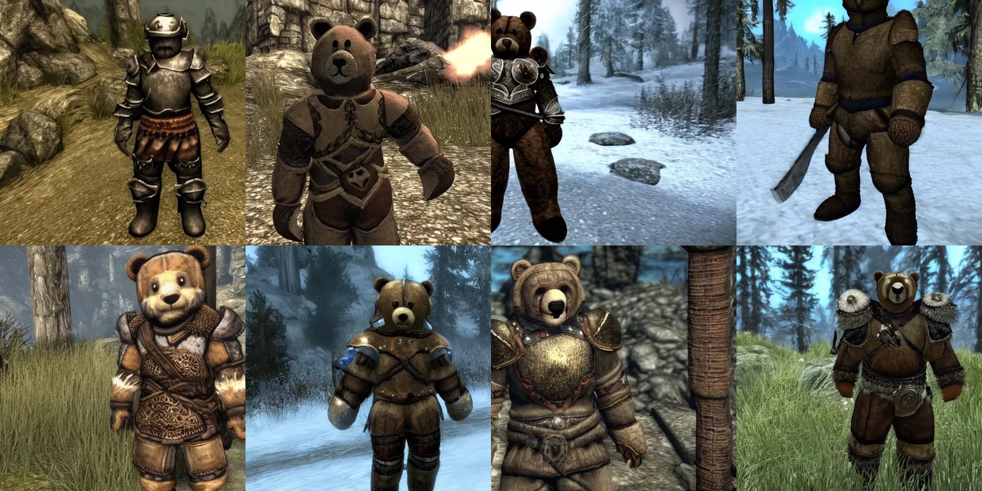 Prompt: A cute teddy bear in armor in skyrim