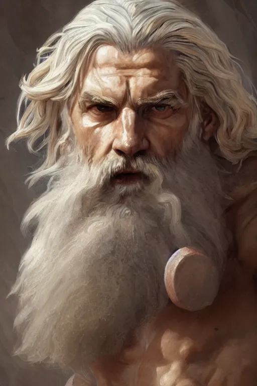 Prompt: painted portrait of rugged zeus, god of thunder, greek god, white hair, masculine, mature, handsome, upper body, muscular, hairy torso, fantasy, intricate, elegant, highly detailed, digital painting, artstation, concept art, smooth, sharp focus, illustration, art by gaston bussiere and greg rutkowski