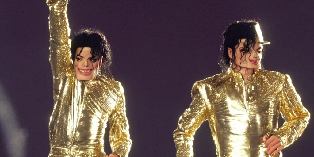 Image similar to Michael Jackson standing alone in a shiny reflective, gold and silver outfit at a concert in the year 1996 ultra realistic, 4K, movie still, UHD, sharp, detailed, cinematic, render, modern