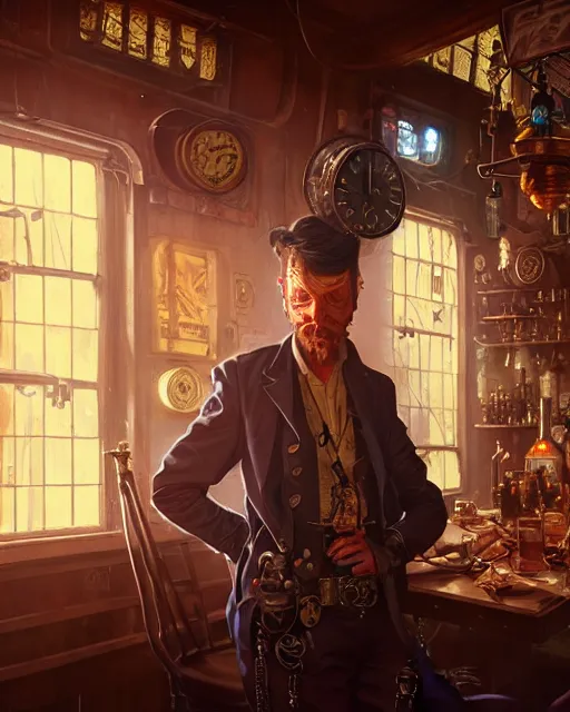 Image similar to highly detailed surreal vfx portrait of a steampunk cowboy in a cyberpunk saloon, stephen bliss, unreal engine, greg rutkowski, loish, rhads, beeple, makoto shinkai and lois van baarle, ilya kuvshinov, rossdraws, tom bagshaw, alphonse mucha, global illumination, detailed and intricate environment