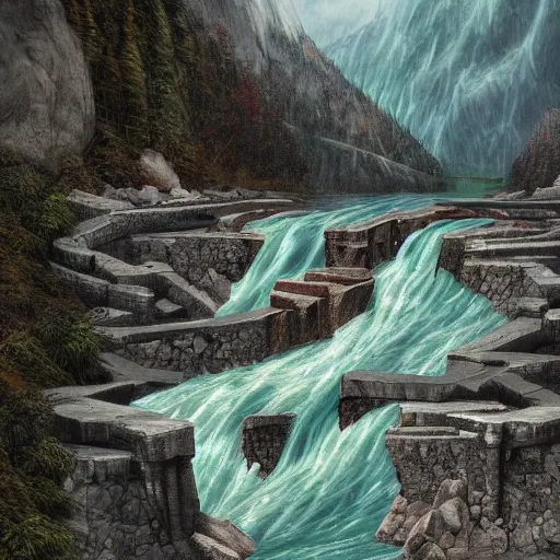 Image similar to A broken lake dam high in the mountains made from stone. The dam is broken in the middle causing the river below to overflow.Fantasy, concept art, sharp focus, artstation