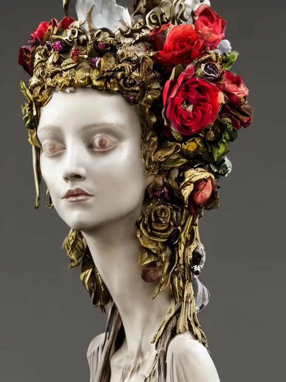 Prompt: a 65mm fashion headshot portrait of a fairy lady sculpture who has rococo dramatic headdress with roses,dressing tassels gemstones,by Cedric Peyravernay,Virginie Ropars ,William Holman Hunt,GUCCI,DIOR,trending on pinterest,hyperreal,jewelry,gold,maximalist