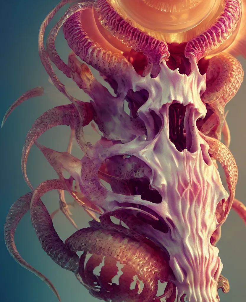 Image similar to goddess close-up portrait goat skull. jellyfish phoenix head, nautilus, orchid, skull, betta fish, bioluminiscent creatures, intricate artwork by Tooth Wu and wlop and beeple. octane render, trending on artstation, greg rutkowski very coherent symmetrical artwork. cinematic, hyper realism, high detail, octane render, 8k