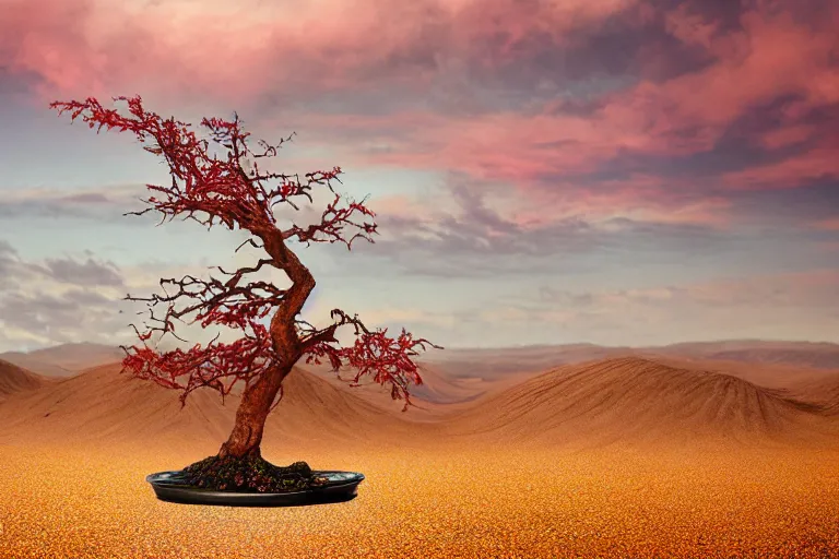 Image similar to a fantasy landscape by rocha, andreas, red autumn maple bonsai in a barren death valley landscape, cloudy sunset, by brian froud and jessica rossier and hr giger