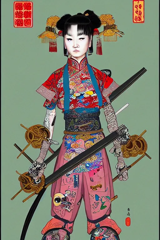 Prompt: full view, from a distance, of anthropomorphic trashcan as a girl warrior from the qing dynasty, full of trash, style of yoshii chie and hikari shimoda and martine johanna, highly detailed