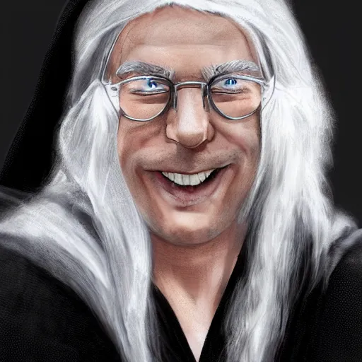 Prompt: noble elf male in black robes, long white hair, smiling, sunglasses, shaven, hyperrealistic