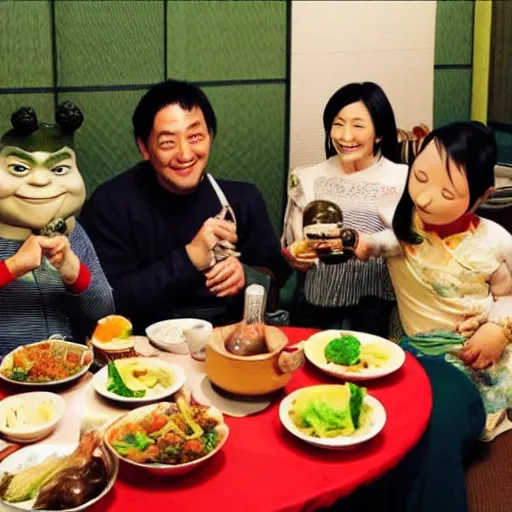 Image similar to photo of a japanese family having dinner with shrek