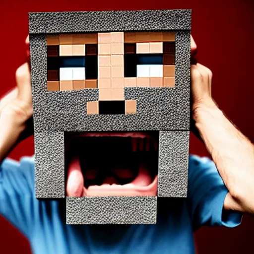 Prompt: photograph of a man with a MINECRAFT head screaming in pain, 8k resolution, high detail, ULTRA REALISTIC VFX, reflections