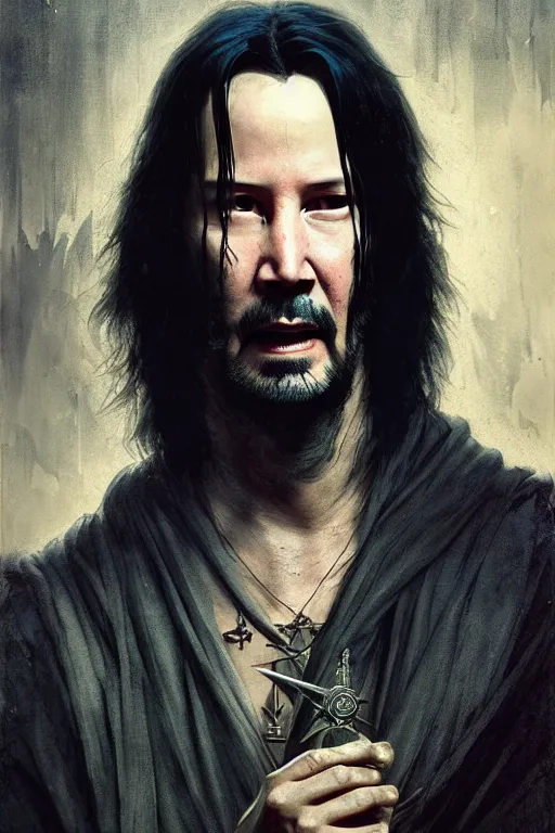 Image similar to keanu reeves, sorceror, lord of the rings, tattoos, decorative ornaments, by carl spitzweg, ismail inceoglu, vdragan bibin, hans thoma, greg rutkowski, alexandros pyromallis, perfect face, fine details, realistic shading, photorealism