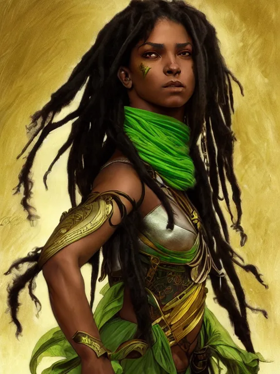 Prompt: portrait of combat dancer, female, black skin, green eyes, dreadlock black hair, high fantasy, arabian nights inspired, smooth, sharp focus, digital painting, by artgerm and greg rutkowski and alphonse mucha