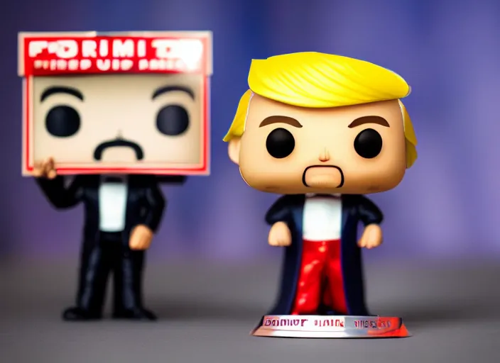 Image similar to !dream product still of Donald Trump funko pop with box, 85mm f1.8