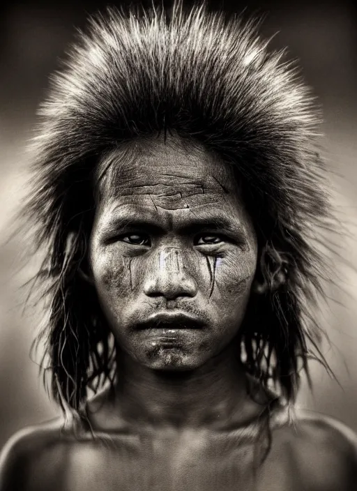 Prompt: Award winning Editorial photo of a Native Kiribati with incredible hair and beautiful hyper-detailed eyes wearing traditional garb by Lee Jeffries, 85mm ND 5, perfect lighting, gelatin silver process