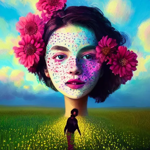 Image similar to girl with one blooming flower as a face, surreal photography, dream, standing in flower field, hills, big trees, sunrise dramatic light, impressionist painting, colorful clouds, digital painting, pointillism, artstation, simon stalenhag, flower face