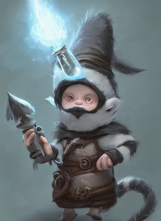 Image similar to cute little anthropomorphic skunk wizard wearing bindrain (eyepatch), tiny, small, miniature animal, baby animal, short, pale black armor, cute and adorable, pretty, beautiful, DnD character art portrait, matte fantasy painting, DeviantArt Artstation, by Jason Felix by Steve Argyle by Tyler Jacobson by Peter Mohrbacher, cinematic lighting