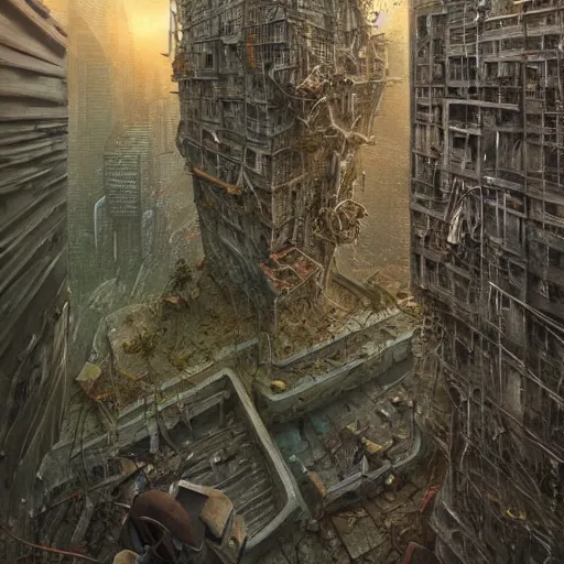 Image similar to Very very very very highly detailed epic photo, post apocalyptic city buildings, by Vladimir Manyukhin, by Simon Stålenhag, by Zdzisław Beksiński, by Guido Borelli, by Nathan Walsh, by Peter Gric, Wild vegetation, mold, deviantart, trending on artstation, Photorealistic, Incredible Depth, vivid colors, polychromatic, glowing neon, HDR Unreal Engine 64 megapixels IMAX Terragen 4.0, 8k resolution concept art filmic complex utopian mysterious moody futuristic