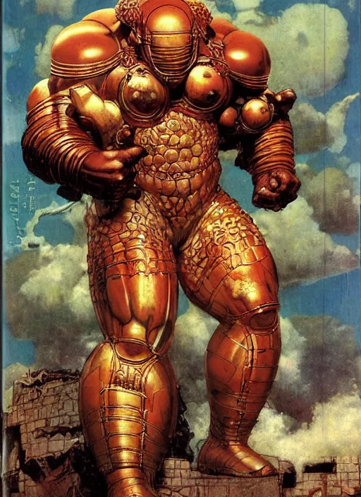 Prompt: huge morgan aste as marvel's juggernaut wearing metal helmet, dynamic, by lawrence alma tadema and jack kirby and greg staples and zdzislaw beksinski and norman rockwell and tom lovell