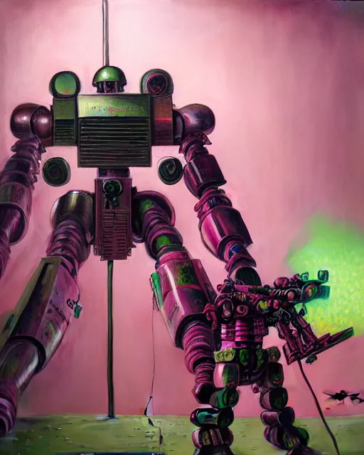 Prompt: hyperrealistic hyperdetailed graffiti mecha iridescent pink fighting in war concept art santiago caruso de chirico sharp very dramatic green light 8k low angle shallow depth of field